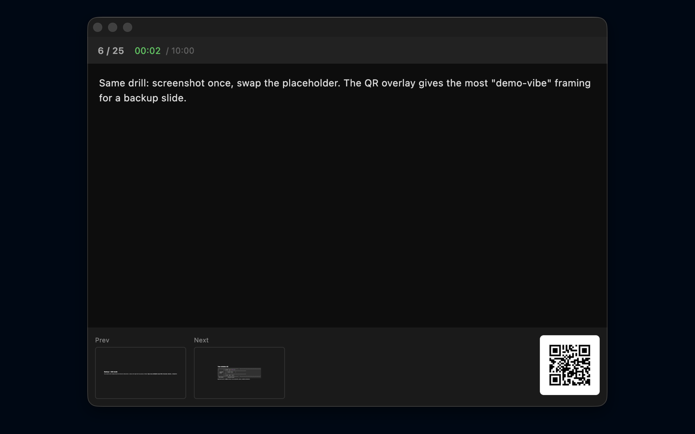 Presenter window: timer, speaker notes, prev/next thumbnails, QR remote