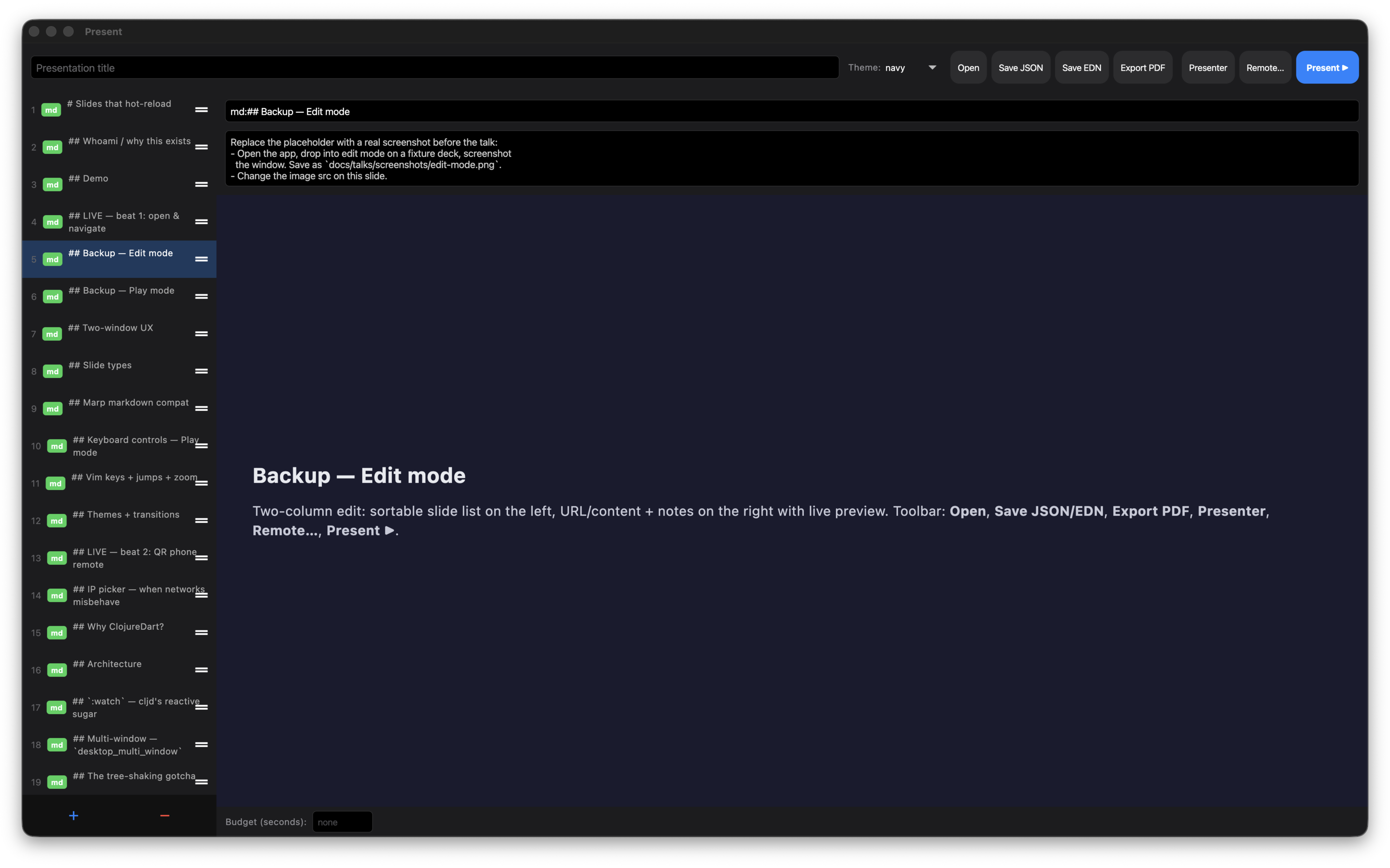 Deck editor: sortable slide list with live preview